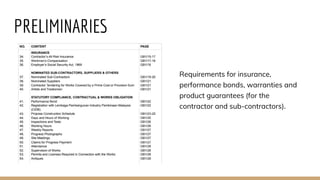 PRELIMINARIES
Requirements for insurance,
performance bonds, warranties and
product guarantees (for the
contractor and sub-contractors).
 