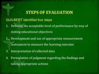 STEPS OF EVALUATION
GUILBERT Identified four steps
1. Defining the acceptable level of performance by way of
stating educational objectives
2. Development and use of appropriate measurement
instrument to measure the learning outcome
3. Interpretation of collected data
4. Formulation of judgment regarding the findings and
taking appropriate actions
 