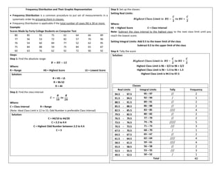 Frequency Distribution and Their Graphic Representation
• Frequency Distribution is a common procedure to put set of measurements in a
systematic order by grouping them in classes.
• Frequency Distribution is applicable if the total number of cases (N) is 30 or more.
Example:
Scores Made by Forty College Students on Computer Test
80 85 55 75 61 64 66 89
77 56 53 72 82 57 70 96
76 54 60 84 77 52 62 95
75 84 88 59 75 84 65 87
60 63 76 62 92 72 90 92
Steps:
Step 1: Find the absolute range:
𝑹 = 𝑯𝑺 − 𝑳𝑺
Where:
R = Range HS = Highest Score LS = Lowest Score
Solution:
R = HS – LS
R = 96-52
R = 44
Step 2: Find the class interval:
𝑪 =
𝑹
𝟏𝟎
𝒕𝒐
𝑹
𝟐𝟎
Where:
C = Class interval R = Range
(Note: Ideal Class Limit is 12 to 15; Odd Number is preferable Class Interval)
Solution:
C = 44/10 to 44/20
C = 2.2 to 4.4
C = Highest Odd Number between 2.2 to 4.4
C = 3
Step 3: Set up the classes:
Setting Real Limits:
𝑯𝒊𝒈𝒉𝒆𝒔𝒕 𝑪𝒍𝒂𝒔𝒔 𝑳𝒊𝒎𝒊𝒕 𝒊𝒔 𝑯𝑺 −
𝑪
𝟐
𝒕𝒐 𝑯𝑺 +
𝑪
𝟐
Where:
HS = Highest Score C = Class Interval
Note: Subtract the class interval to the highest class to the next class limit until you
reach the lowest score.
Setting Integral Limits: Add 0.5 to the lower limit of the class
Subtract 0.5 to the upper limit of the class
Step 4: Tally the score
Solution:
𝑯𝒊𝒈𝒉𝒆𝒔𝒕 𝑪𝒍𝒂𝒔𝒔 𝑳𝒊𝒎𝒊𝒕 𝒊𝒔 𝑯𝑺 −
𝑪
𝟐
𝒕𝒐 𝑯𝑺 +
𝑪
𝟐
Highest Class Limit is 96 – 3/2 to 96 + 3/2
Highest Class Limit is 96 – 1.5 to 96 + 1.5
Highest Class Limit is 94.5 to 97.5
Classes
Real Limits Integral Limits Tally Frequency
94.5 - 97.5 95 – 97 // 2
91.5 - 94.5 92 – 94 / 1
88.5 - 91.5 89 – 91 // 2
85.5 - 88.5 86 – 88 // 2
82.5 - 85.5 83 – 85 //// 4
79.5 - 82.5 80 – 82 // 2
76.5 - 79.5 77 – 79 // 2
73.5 - 76.5 74 – 76 ///// 5
70.5 - 73.5 71 – 73 /// 3
67.5 - 70.5 68 – 70 / 1
64.5 - 67.5 65 – 67 // 2
61.5 - 64.5 62 – 64 //// 4
58.5 - 61.5 59 – 61 //// 4
55.5 - 58.5 56 – 58 // 2
52.5 - 55.5 53 – 55 /// 3
49.5 - 52.5 50 – 52 / 1
Total 40
 