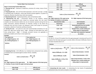 Teacher-Made Tests Construction
Steps in Constructing Teacher-Made Tests.
1. Planning the test – statement of objectives, provisions for review, nature of test,
and length
2. Preparing the test – first and final draft preparation; more than one type; arrange
in ascending order of difficulty; similar type should be placed together; no pattern of
responses; direction should be clear, brief, and complete.
3. Reproducing the test – duplicating facilities; clerks and facilitative staffs.
4. Administering the test – environment familiar to the students; seating
arrangement; typographical errors should be corrected before the test starts;
complete and clear directions before test; do not entertain questions during the test
about instructions; planned distribution of materials; writing on the board the
scheduled start and end of exam; not allowing to leave room except for personal
necessities; collection of materials carefully and quickly.
5. Scoring the test – one point for each item (recommended procedure); for two
option test, right minus wrong. (Score = Right – Wrong); for three-option test, write
minus wrong (Score = Right – ½ Wrong); correction formula not applicable to
elementary students and to four or more option test.
Example:
Two-option test
No. of Right Response = 20
No. of Wrong Response = 7
Solution:
Three-option test
No. of Right Response = 25
No. of Wrong Response = 9
Solution:
6. Evaluating the test – 50 % difficulty in an individual item achievement test; validity
of individual item; be checked against outside criterion; reliability
Formula:
𝑰𝒏𝒅𝒆𝒙 𝒐𝒇 𝒅𝒊𝒇𝒇𝒊𝒄𝒖𝒍𝒕𝒚 =
𝑹𝑼 + 𝑹𝑳
𝑵
Where:
RU = Right responses of the upper group RL = Right responses of the lower group
N = Number of cases in both the upper and lower groups
Index Range Difficult Level
0.00 – 0.20 Very Difficult
0.21 – 0.40 Difficult
0.41 – 0.60 Moderately Difficult
0.61 – 0.80 Easy
0.81 – 1.00 Very Easy
Formula:
𝑰𝒏𝒅𝒆𝒙 𝒐𝒇 𝒅𝒊𝒔𝒄𝒓𝒊𝒎𝒊𝒏𝒂𝒕𝒊𝒐𝒏 =
𝑹𝑼 − 𝑹𝑳
𝑵
Where:
RU = Right responses of the upper group RL = Right responses of the lower group
N = Number of students in each group
Discrimination Index Item Evaluation
0.40 and up Very good item
0.30 – 0.39 Reasonably good item but possibly
subject to improvement
0.20 – 0.29 Marginal Item, usually needing and
being subject to improvement
Below 0.19 Poor item, to be rejected or improved
by revision
Example:
For item 21, 12 out of 15 students from the upper group got it correctly and 9 out of 15
students from the lower group got it correctly. What is the level of difficulty of item 21
and what should be done to it?
Solution:
𝑰𝒏𝒅𝒆𝒙 𝒐𝒇 𝒅𝒊𝒇𝒇𝒊𝒄𝒖𝒍𝒕𝒚 =
𝑹𝑼 + 𝑹𝑳
𝑵
Index of Difficulty = 12 + 9/30
Index of Difficulty = 21/30
Index of Difficulty = 0.70 or 70 %
(Easy)
𝑰𝒏𝒅𝒆𝒙 𝒐𝒇 𝒅𝒊𝒔𝒄𝒓𝒊𝒎𝒊𝒏𝒂𝒕𝒊𝒐𝒏 =
𝑹𝑼 − 𝑹𝑳
𝑵
Index of discrimination = 12-9/15
Index of discrimination = 3/15
Index of discrimination = 0.20 or 20 %
(Marginal Item, usually needing and
being subject to improvement)
7. Interpreting the tests results – In interpreting the test results of standardized
achievement tests, the result are based on norm tables.
 
