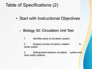 Table of Specifications (2)
• Start with Instructional Objectives
– Biology 30: Circulation Unit Test
1. Identifies parts of circulation system.
2. Explains function of parts in relation to
whole system.
3. Distinguishes between circulation system and
other bodily systems.
 