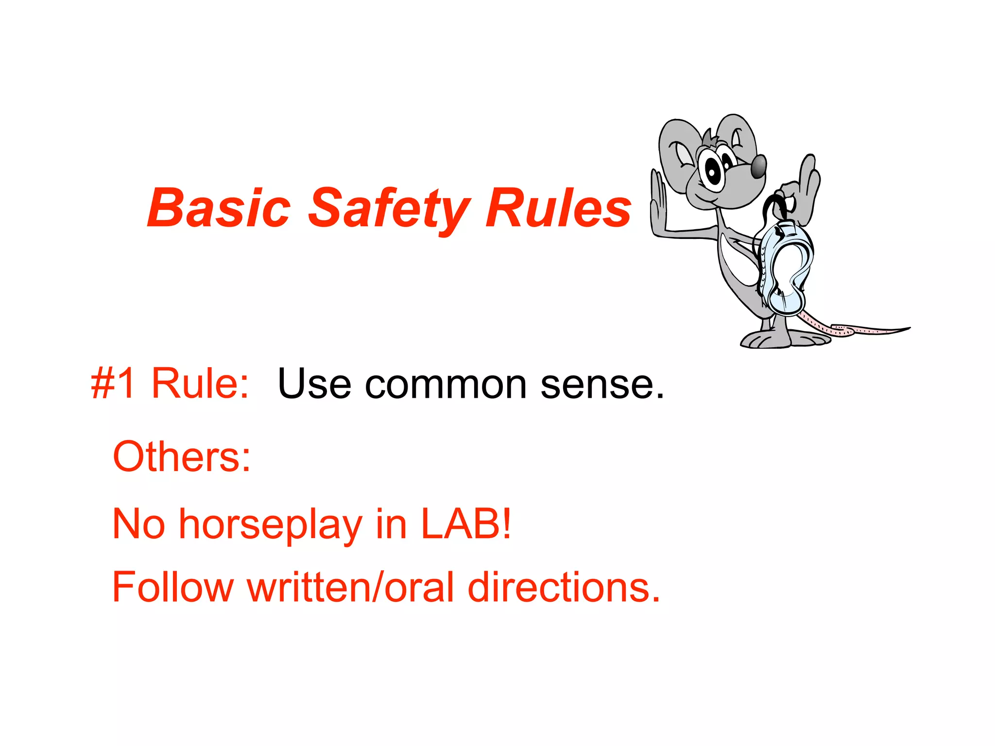 Basic Safety Rules


#1 Rule: Use common sense.
Others:
No horseplay in LAB!
Follow written/oral directions.
 