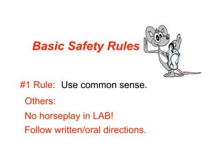 Basic Safety Rules


#1 Rule: Use common sense.
Others:
No horseplay in LAB!
Follow written/oral directions.
 