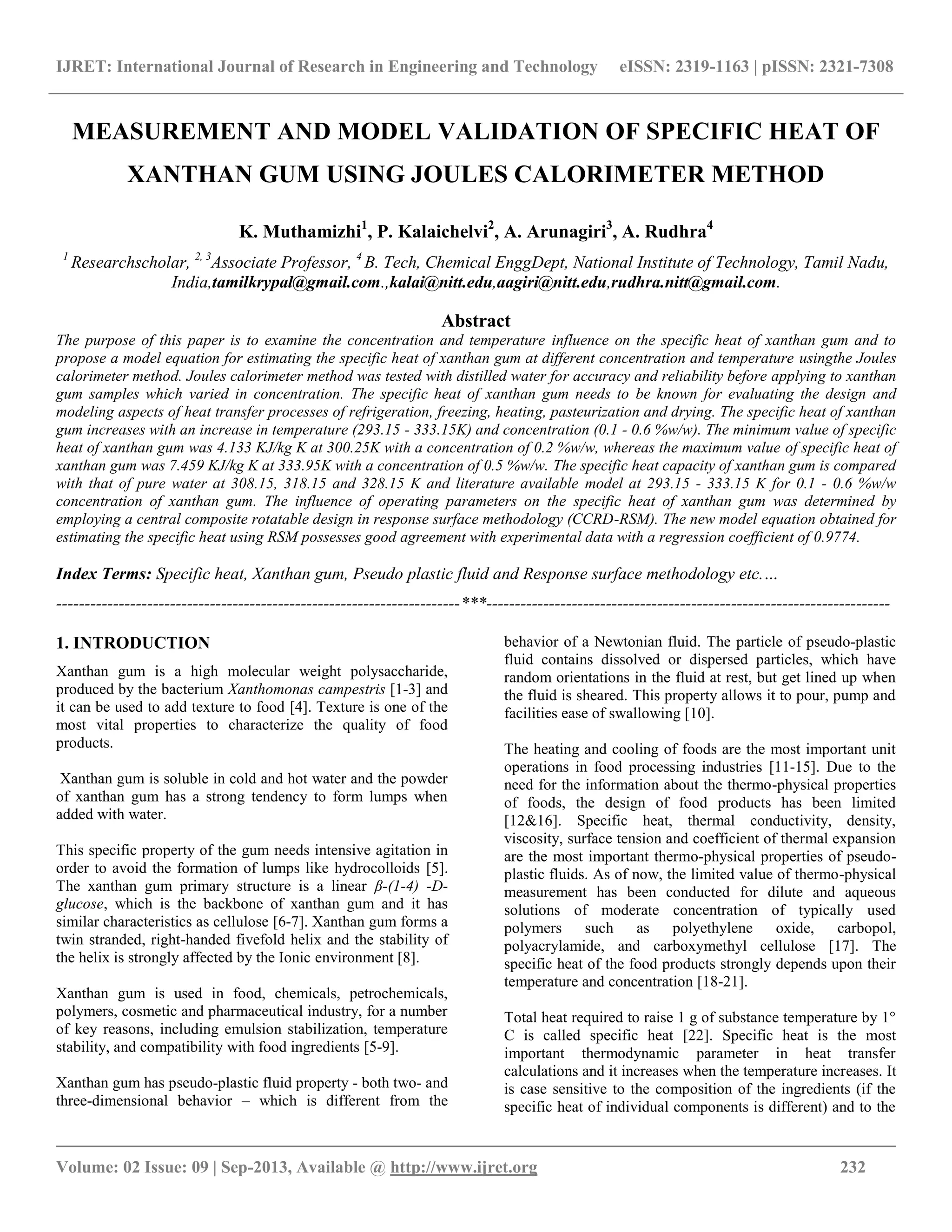 Measurement and model validation of specific heat of xanthan gum using