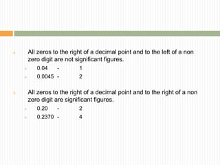 4. All zeros to the right of a decimal point and to the left of a non
zero digit are not significant figures.
 0.04 - 1
 0.0045 - 2
5. All zeros to the right of a decimal point and to the right of a non
zero digit are significant figures.
 0.20 - 2
 0.2370 - 4
 