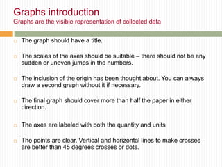 Graphs introduction
Graphs are the visible representation of collected data
 The graph should have a title.
 The scales of the axes should be suitable – there should not be any
sudden or uneven jumps in the numbers.
 The inclusion of the origin has been thought about. You can always
draw a second graph without it if necessary.
 The final graph should cover more than half the paper in either
direction.
 The axes are labeled with both the quantity and units
 The points are clear. Vertical and horizontal lines to make crosses
are better than 45 degrees crosses or dots.
 