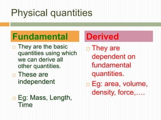 Physical quantities
 They are the basic
quantities using which
we can derive all
other quantities.
 These are
independent
 Eg: Mass, Length,
Time
 They are
dependent on
fundamental
quantities.
 Eg: area, volume,
density, force,….
Fundamental Derived
 