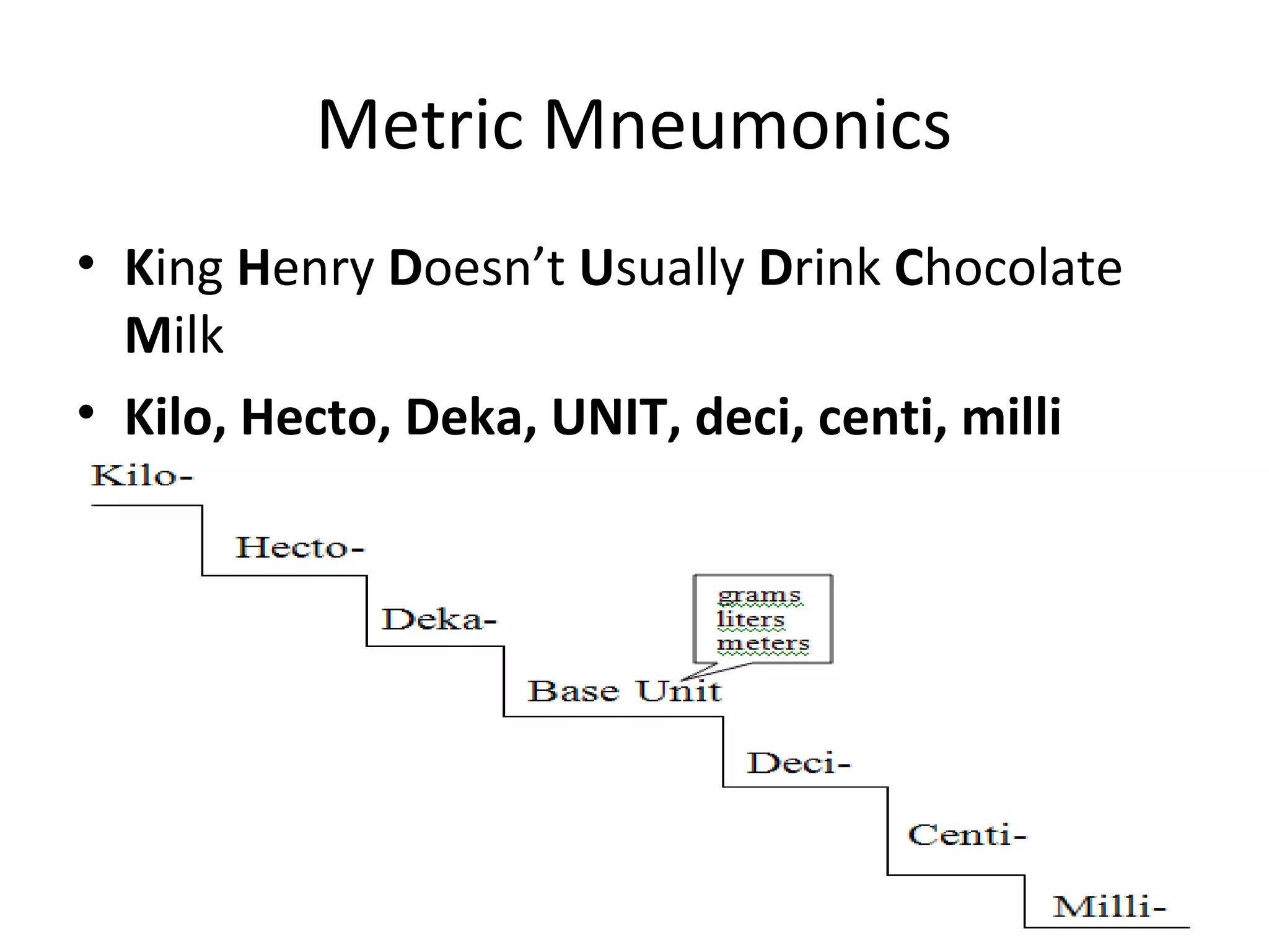 Metric Mneumonics
• King Henry Doesn’t Usually Drink Chocolate
  Milk
• Kilo, Hecto, Deka, UNIT, deci, centi, milli
 