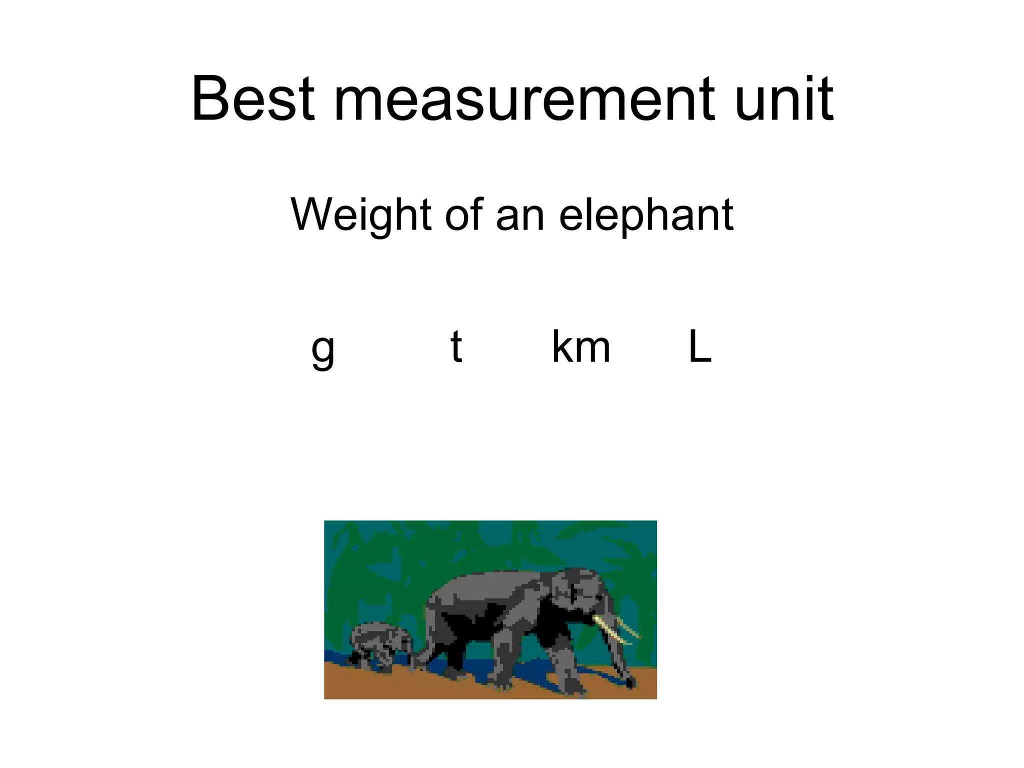 Best measurement unit Weight of an elephant g  t  km  L 