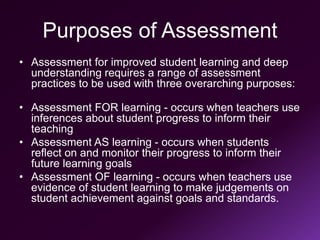Purposes of Assessment
• Assessment for improved student learning and deep
understanding requires a range of assessment
practices to be used with three overarching purposes:
• Assessment FOR learning - occurs when teachers use
inferences about student progress to inform their
teaching
• Assessment AS learning - occurs when students
reflect on and monitor their progress to inform their
future learning goals
• Assessment OF learning - occurs when teachers use
evidence of student learning to make judgements on
student achievement against goals and standards.
 