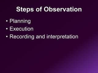 Steps of Observation
• Planning
• Execution
• Recording and interpretation
 