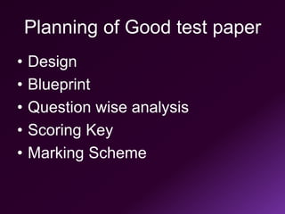 Planning of Good test paper
• Design
• Blueprint
• Question wise analysis
• Scoring Key
• Marking Scheme
 