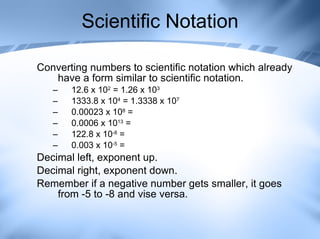 Scientific Notation Converting numbers to scientific notation which already have a form similar to scientific notation. 12.6 x 10 2  = 1.26 x 10 3 1333.8 x 10 4  = 1.3338 x 10 7 0.00023 x 10 8  =  0.0006 x 10 13  =  122.8 x 10 -8  = 0.003 x 10 -5  =  Decimal left, exponent up.  Decimal right, exponent down. Remember if a negative number gets smaller, it goes from -5 to -8 and vise versa. 