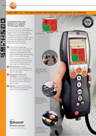 12-17-098X-027X-330        27.01.2011           15:00   Seite 12




  12



        testo 330-1 LL – Flue gas analysis with increased convenience and reliabilty

                                                                            2               3

        Understand flue gas
        analysis at a glance:
        The flue gas matrix
        The central element of the new graphic
        processing of the measurement data is the                           1               4
        flue gas matrix.The new colour graphic
                                                             The flue gas matrix
        display of the flue gas analyzer testo 330
        LL visualizes the measurement data
        graphically: Self-explanatory graphic curves
        as well as easy symbols and clear colour
        design ease the analysis of the
        measurement data considerably.


         1   In the course of the flue gas
             measurement, this shows whether the
             CO and O2 values, as well as other
             measurement parameters, are in the
             green, permitted range, and the heating
             system is thus optimally adjusted.
             Thumb symbols instantly show the
             status of the system. If the CO and O2
             concentrations measured are in the
             green range, the thumbs point up.

         2   Bad combustion – the CO
             concentration is over the defined limit         User-friendly operation
             value, the recorded CO content is not           Robust quick-action
             within the ideal range                          probe connection for all
                                                             gas paths
         3   Measurement value is not
             acceptable – the CO and O2
             concentrations are considerably too
             high, the measurement values do not
             correspond to the prescribed norms
             and limit values
         4   High loss – the O2 concentration is
             over the defined limit value, the heating
             system is not working efficiently




                                                             More convenience
                                                             Easy-to-change rech.
                                                             batt. and sensors, rech.
                                                             batt. life > 8 hours, sensor
                                                             life > 6 years




             optional




             Wireless transfer*
                                                             Absolutely robust
             See page 6 for more informations
                                                             High CO display range up
                                                             to 30,000 ppm on
                                                             account of patented
                                                             dilution (testo 330-2 LL)
 