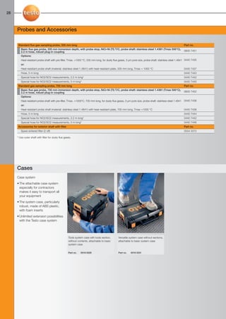 28-29-098X-027X-350-S            27.01.2011          15:01         Seite 28




  28



        Probes and Accessories

         Standard flue gas sampling probe, 335 mm long                                                                                                         Part no.
           Basic flue gas probe, 335 mm immersion depth, with probe stop, NiCr-Ni (TI) T/C, probe shaft: stainless steel 1.4361 (Tmax 500°C),
           2.2 m hose, robust plug-in coupling                                                                                                                 0600 7451
           Options:
           Heat-resistant probe shaft with pre-filter, Tmax. +1000 °C, 335 mm long, for dusty flue gases, 3 μm pore size, probe shaft: stainless steel 1.4841 0440 7435
           or:
           Heat-resistant probe shaft (material: stainless steel 1.4841) with heat-resistant plate, 335 mm long, Tmax + 1000 °C                                0440 7437
           Hose, 5 m long                                                                                                                                      0440 7443
           Special hose for NO2/SO2 measurements, 2.2 m long*                                                                                                  0440 7442
           Special hose for NO2/SO2 measurements, 5 m long*                                                                                                    0440 7445
         Standard gas sampling probe, 700 mm long                                                                                                              Part no.
           Basic flue gas probe, 700 mm immersion depth, with probe stop, NiCr-Ni (TI) T/C, probe shaft: stainless steel 1.4361 (Tmax 500°C),
           2.2 m hose, robust plug-in coupling                                                                                                                 0600 7452
           Options:
           Heat-resistant probe shaft with pre-filter, Tmax. +1000°C, 700 mm long, for dusty flue gases, 3 μm pore size, probe shaft: stainless steel 1.4841   0440 7436
           or:
           Heat-resistant probe shaft (material: stainless steel 1.4841) with heat-resistant plate, 700 mm long, Tmax +1000 °C                                 0440 7438
           Hose, 5 m long                                                                                                                                      0440 7444
           Special hose for NO2/SO2 measurements, 2.2 m long*                                                                                                  0440 7442
           Special hose for NO2/SO2 measurements, 5 m long*                                                                                                    0440 7446
         Accessories for exterior shaft with filter                                                                                                            Part no.
           Spare sintered filter (2 off)                                                                                                                       0554 3372

        * Use outer shaft with filter for dusty flue gases.




        Cases
        Case system
        • The attachable case system
          especially for contractors
          makes it easy to transport all
          your equipment
        • The system case, particularly
          robust, made of ABS plastic,
          with foam inserts
        • Unlimited extension possibilities
          with the Testo case system




                                                        Tools system case with tools section,      Versatile system case without sections,
                                                        without contents, attachable to basic      attachable to basic system case
                                                        system case


                                                        Part no.    0516 0329                      Part no.   0516 0331
 