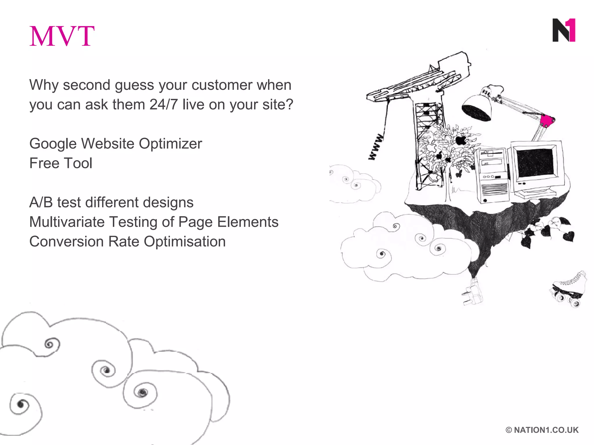 MVT
Why second guess your customer when
you can ask them 24/7 live on your site?

Google Website Optimizer
Free Tool

A/B test different designs
Multivariate Testing of Page Elements
Conversion Rate Optimisation




                                           © NATION1.CO.UK
 