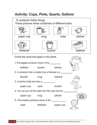 6 Arunrat Bamrungchit, Ph.D., Practice Workbook, Grade 2 | [IEP Classroom: Ban Makkhang School]
Activity: Cups, Pints, Quarts, Gallons
A container holds things.
These pictures show containers of different sizes.
paper cup mug vase pitcher
fishbowl bucket bathtub
Circle the word that goes in the blank.
1.The biggest container shown is the .
bathtub bucket pitcher
2. A container that is smaller than a fishbowl is a .
Bucket mug bathtub
3. A pitcher holds less than a .
paper cup vase bucket
4. You can pour all the water from the vase into the .
paper cup mug pitcher
5. The smallest container shown is the .
vase fishbowl paper cup
 