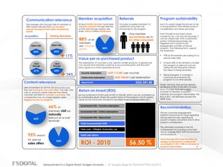 © Gregory Birge for F5DIGITAL® Pte Ltd 2012Measurement in a Digital World I Rutgers University
1
Member acquisition
At least 36,000 members have been
naturally acquired through referrals,
at POS and through organic site
traffic without further investments.
Referrals
For every acquired member, 4.2
additional consumers are
introduced to the program.
One member
recommends xxx to
4.2 other consumers
88%
88% of all
members
are naturally
grown.
Return on invest (ROI)
Program sustainability
xxx in its current stage has proven to be
a strong platform that initiates product
consideration and drives purchase.
Even though re-purchase values,
caused by xxx, can only be assumed, it
can be clearly said, that a substantial
portion of these repurchases are
triggered and caused by the
engagement activities of the xxx
program. The following facts, support
this statement:
§ 93% of all members are looking for a
special sales offer.
§ At least 66% of all members consider
the program as relevant and are
visiting the site frequently without
the need of being reminded.
§ Being engaged, in average a
consumer recommends the
program to 4.2 other people.
Finally, the fact, that xxx has already
achieved an ROI of 256.6% in its basic
form, it is clear, that with a slight
increase of member acquisition
initiatives and program deliverables, the
ROI of 2011 will definitely exceed the
300% mark.
Recommendation
The xxx consumer engagement
platform has proven its value regarding
driving sales but also regarding its
power to inspire consumers and to drive
product consideration.
This ultimately translates in the full
achievement of acquiring consumers
and to engage them with the xxx brand
and its products.
Given the high ROI in the first year, we
strongly recommend to continue the
xxx program in 2011 with an increase of
program deliverables.
Value per re-purchased product
The redemption of vouchers is only used for smaller products. In general we
can assume that members continue to accumulate points until the point
status grows to a more substantial amount.
Voucher redemption
Online store redemption
Repurchase
SGD 112.58 / per voucher
SGD 142.60 / per redemption
SGD 241.40
Incremental IVM – Voucher redemption
Incremental IVM – Online redemptions
Incremental IVM – Repurchase
Total incremental IVM
Total costs – F5Digital, Production, xxx
ROI - 2010
90,361
17,608
923,365
1,031,335
659,000
56,50 %
Total net return 372,335
xxx has achieved in its first year an ROI of 256.6%, which can be considered as
an outstanding result. Given the current status of the program and its added
values for the consumer, this result is very likely to be increased within 2011.
Content relevance
66% of members re-visit the site simply because
they are looking for new sales offers. The high click
rate on products clearly indicate that theses
members are likely to consider a purchase. This
consideration has, to a large degree, been
triggered by the xxx program.
Communication relevance
The average click through rate of members of
54% clearly indicates that xxx has been
relevant throughout their entire membership
period.
Acquisition Existing Members
65.0% 39%35%
54%31%
66%
93%
93% search
for special
sales offers
66% of
members visit xxx
naturally
without an e-mail
reminder
Open rate Open rate
Click
through
Click
through
+11%
+74%
 