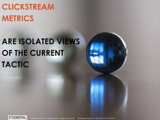 © Gregory Birge for F5DIGITAL® Pte Ltd 2012Measurement in a Digital World I Rutgers University
CLICKSTREAM
METRICS
ARE ISOLATED VIEWS
OF THE CURRENT
TACTIC
© Gregory Birge for F5DIGITAL® Pte Ltd 2012Measurement in a Digital World I Rutgers University
 