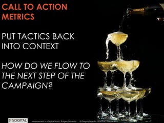 © Gregory Birge for F5DIGITAL® Pte Ltd 2012Measurement in a Digital World I Rutgers University
CALL TO ACTION
METRICS
PUT TACTICS BACK
INTO CONTEXT
HOW DO WE FLOW TO
THE NEXT STEP OF THE
CAMPAIGN?
© Gregory Birge for F5DIGITAL® Pte Ltd 2012Measurement in a Digital World I Rutgers University
 