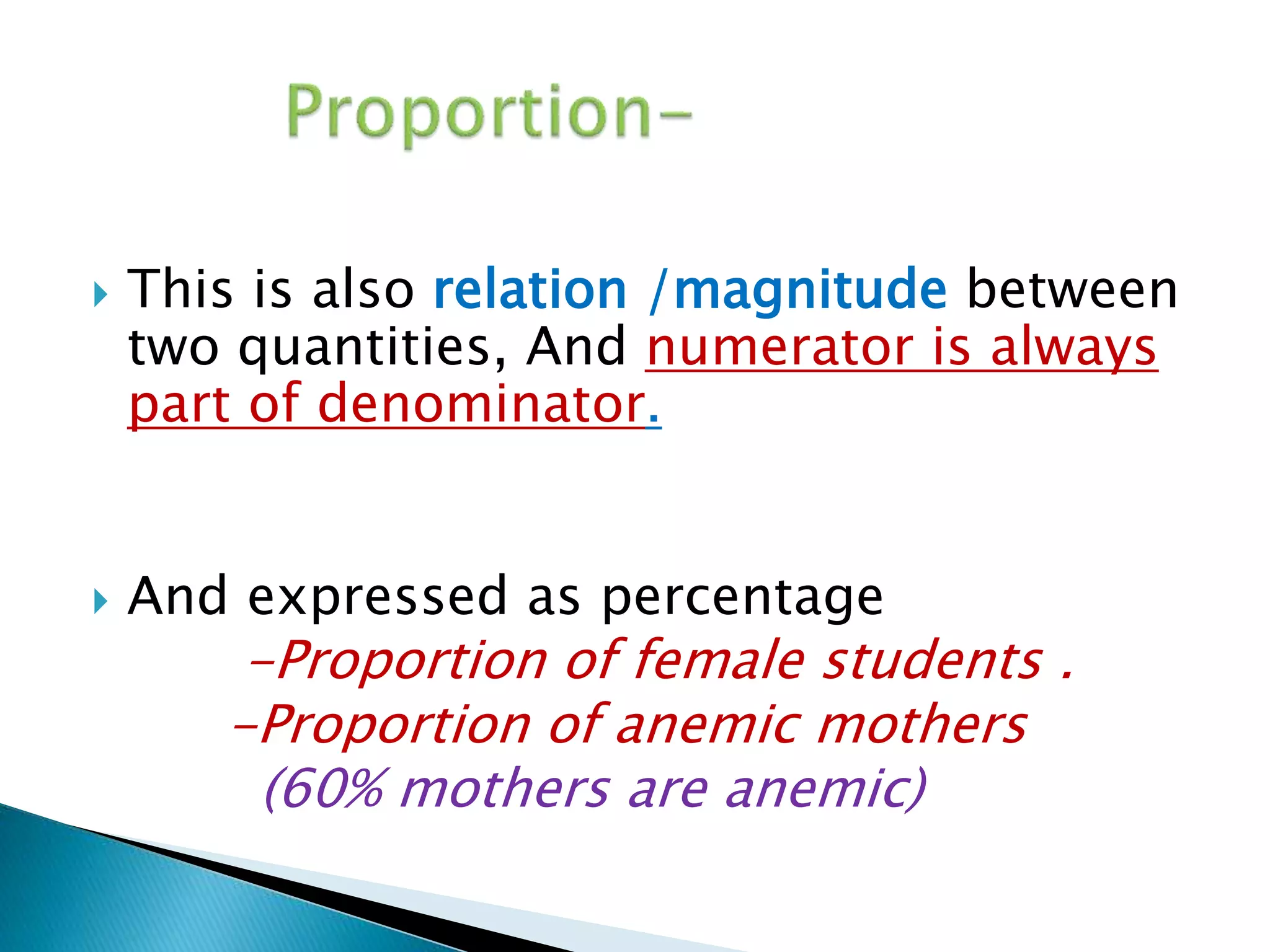  This is also relation /magnitude between 
two quantities, And numerator is always 
part of denominator. 
 And expressed as percentage 
-Proportion of female students . 
-Proportion of anemic mothers 
(60% mothers are anemic) 
 
