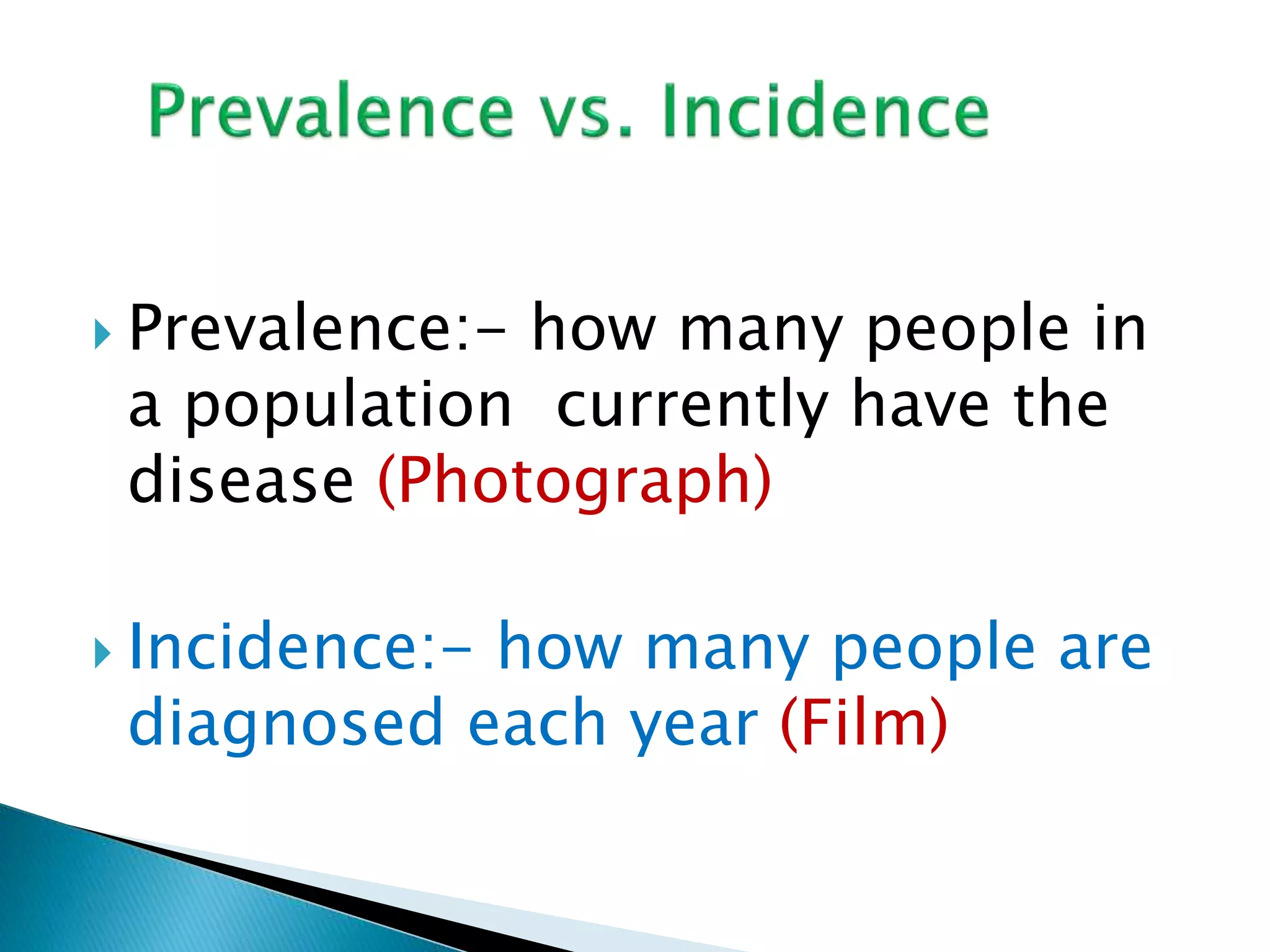  Prevalence:- how many people in 
a population currently have the 
disease (Photograph) 
 Incidence:- how many people are 
diagnosed each year (Film) 
 