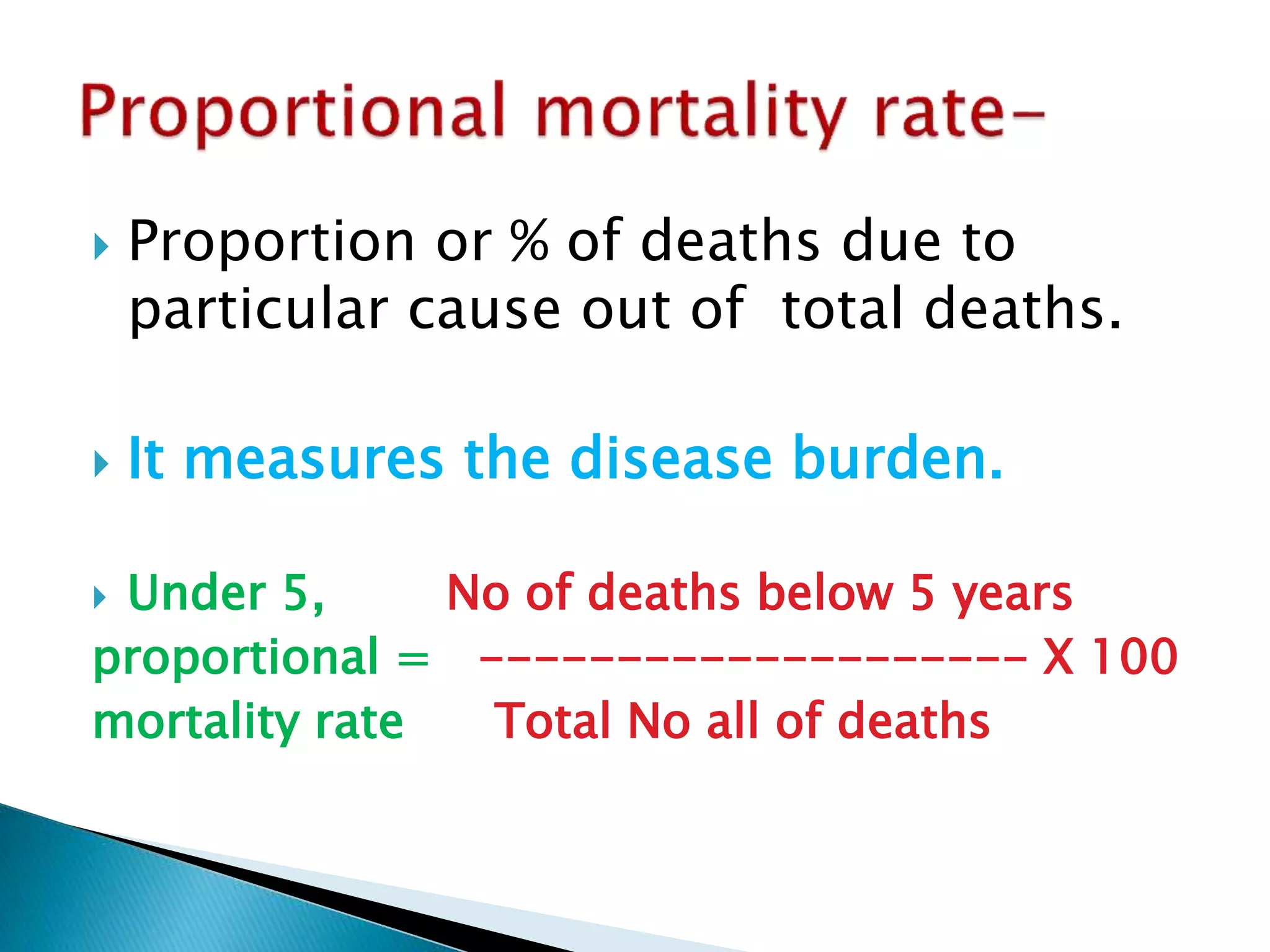  Proportion or % of deaths due to 
particular cause out of total deaths. 
 It measures the disease burden. 
 Under 5, No of deaths below 5 years 
proportional = -------------------- X 100 
mortality rate Total No all of deaths 
 