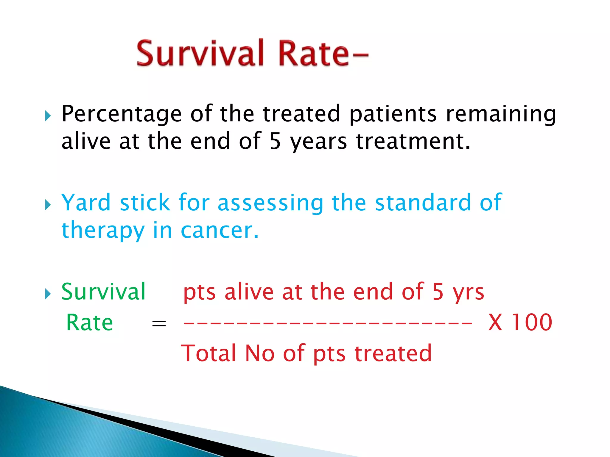  Percentage of the treated patients remaining 
alive at the end of 5 years treatment. 
 Yard stick for assessing the standard of 
therapy in cancer. 
 Survival pts alive at the end of 5 yrs 
Rate = ---------------------- X 100 
Total No of pts treated 
 