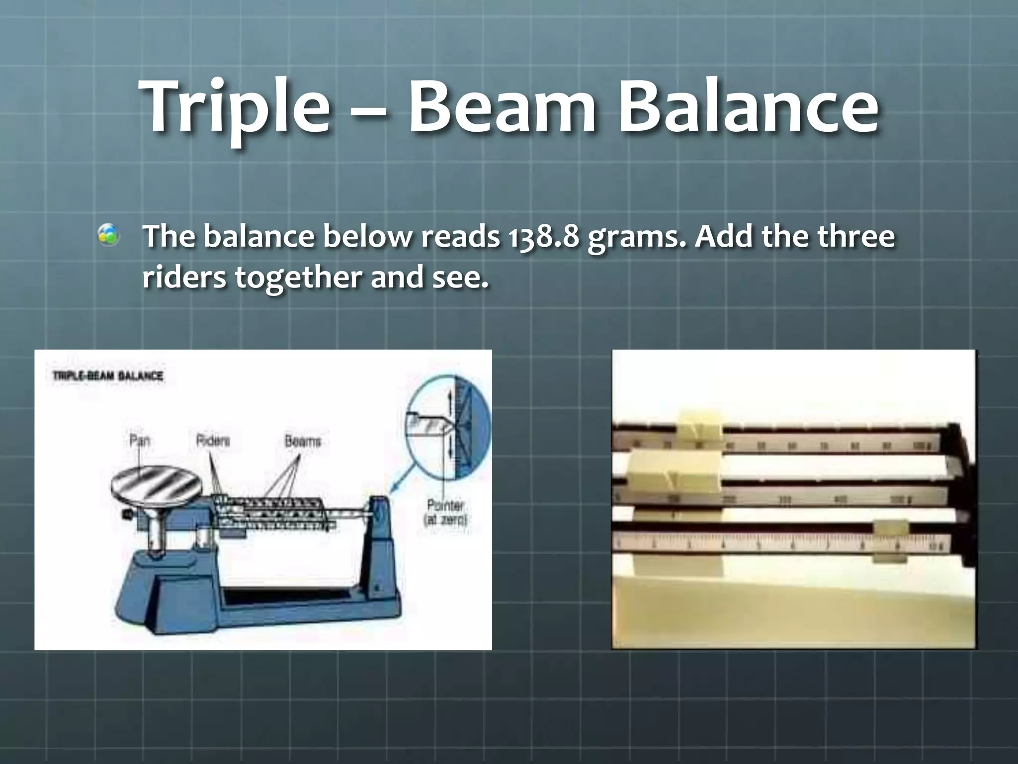 Triple – Beam BalanceThe balance below reads 138.8 grams. Add the three riders together and see.