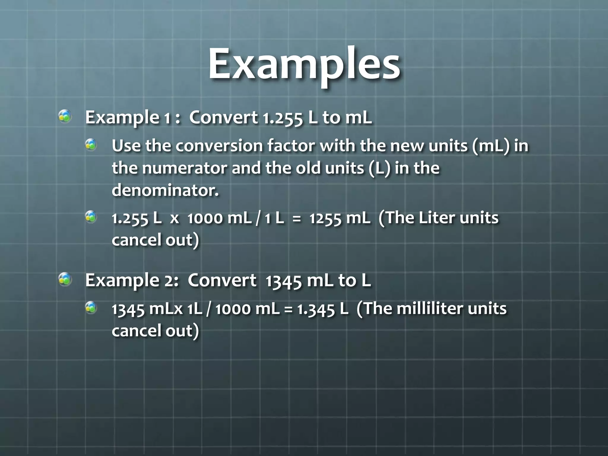 ExamplesExample 1 :  Convert 1.255 L to mLUse the conversion factor with the new units (mL) in the numerator and the old units (L) in the denominator.1.255 L  x  1000 mL / 1 L  =  1255 mL  (The Liter units cancel out)Example 2:  Convert  1345 mL to L1345 mLx 1L / 1000 mL = 1.345 L  (The milliliter units cancel out)