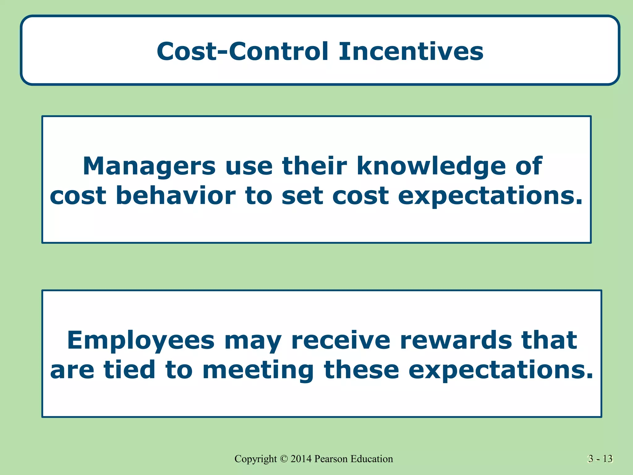3 - 13
Copyright © 2014 Pearson Education 3 - 13
Cost-Control Incentives
Managers use their knowledge of
cost behavior to set cost expectations.
Employees may receive rewards that
are tied to meeting these expectations.
 