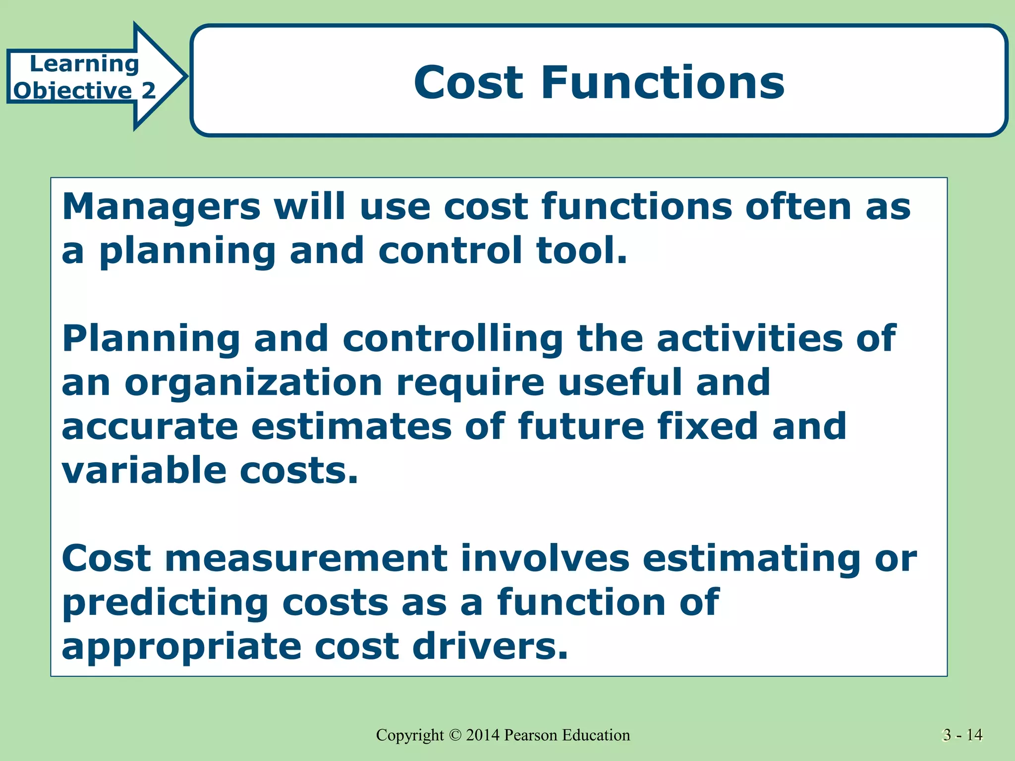 3 - 14
Copyright © 2014 Pearson Education 3 - 14
Cost Functions
Learning
Objective 2
Managers will use cost functions often as
a planning and control tool.
Planning and controlling the activities of
an organization require useful and
accurate estimates of future fixed and
variable costs.
Cost measurement involves estimating or
predicting costs as a function of
appropriate cost drivers.
 