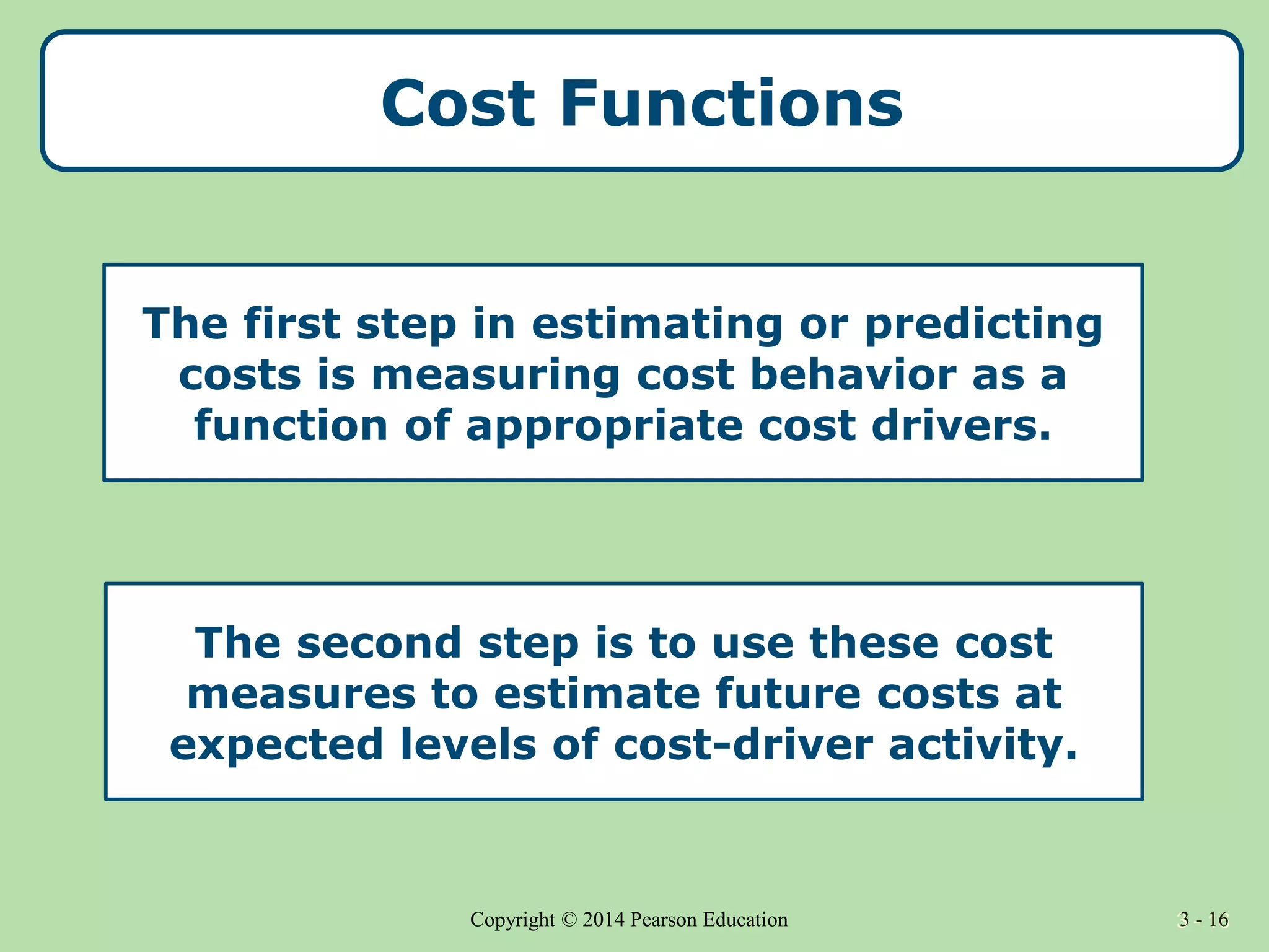 3 - 16
Copyright © 2014 Pearson Education 3 - 16
Cost Functions
The first step in estimating or predicting
costs is measuring cost behavior as a
function of appropriate cost drivers.
The second step is to use these cost
measures to estimate future costs at
expected levels of cost-driver activity.
 
