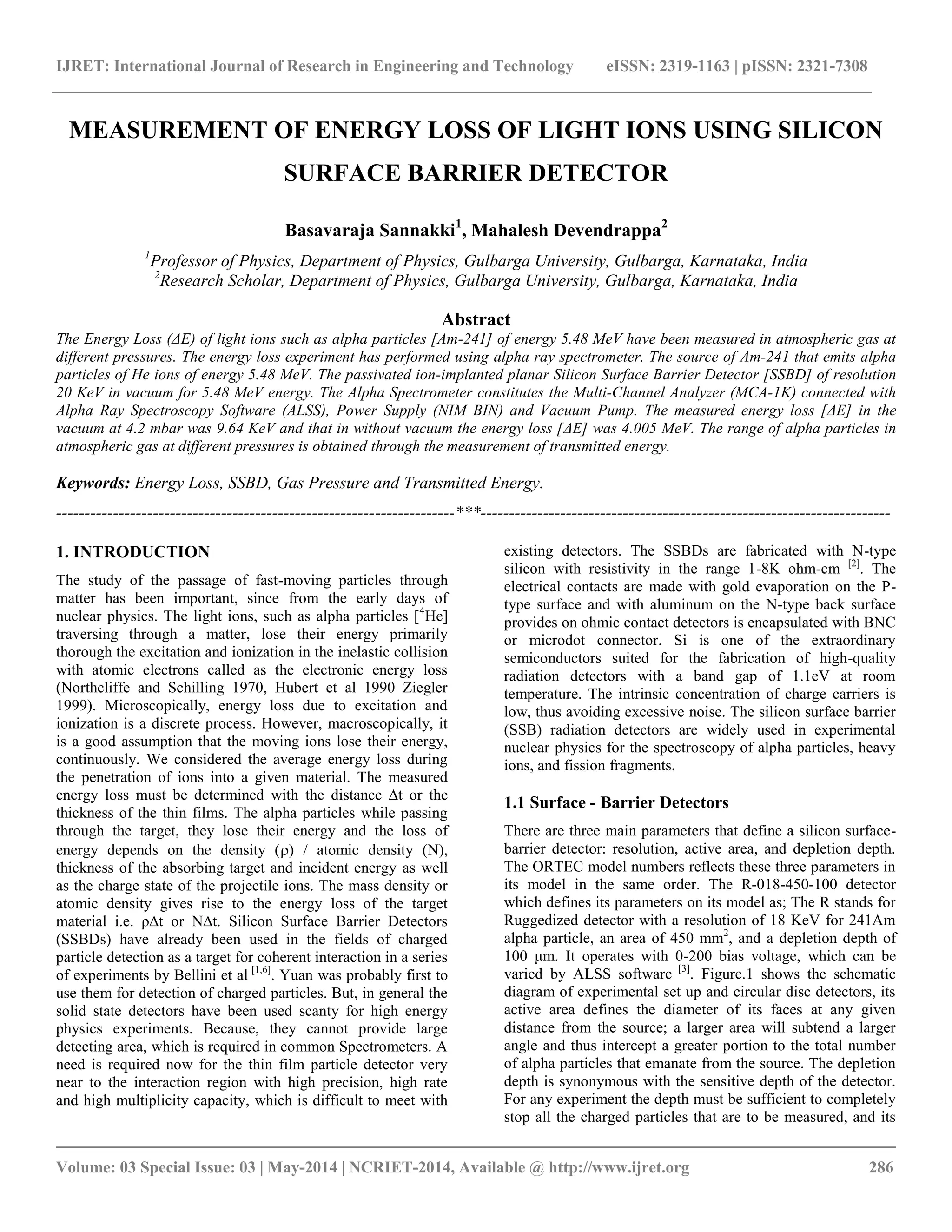Measurement of energy loss of light ions using silicon surface barrier