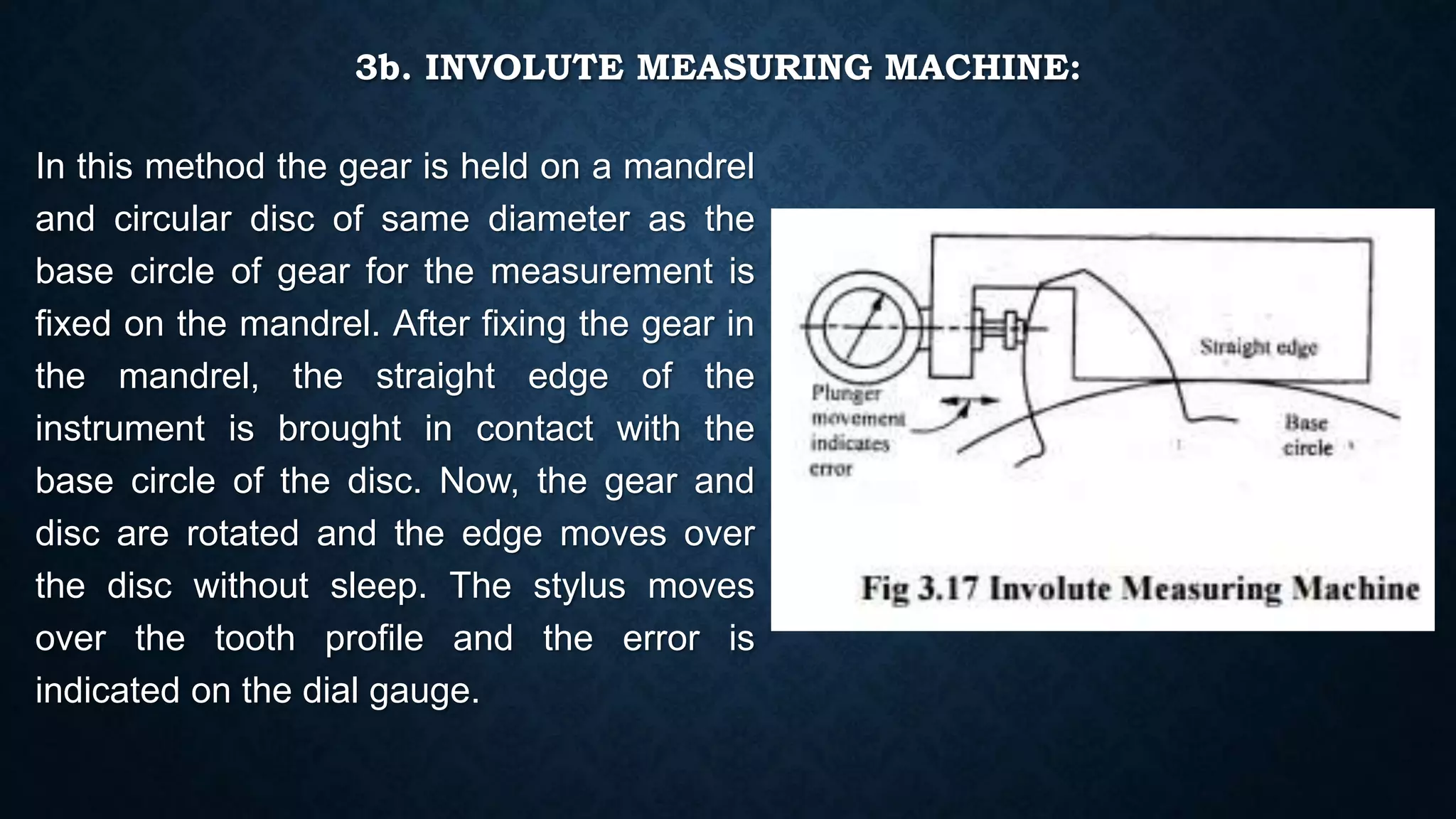 3b. INVOLUTE MEASURING MACHINE:
In this method the gear is held on a mandrel
and circular disc of same diameter as the
base circle of gear for the measurement is
fixed on the mandrel. After fixing the gear in
the mandrel, the straight edge of the
instrument is brought in contact with the
base circle of the disc. Now, the gear and
disc are rotated and the edge moves over
the disc without sleep. The stylus moves
over the tooth profile and the error is
indicated on the dial gauge.
 