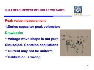 SVCE
30
Unit 4 MEASUREMENT OF HIGH AC VOLTAGES
Peak value measurement
1.Series capacitor peak voltmeter:
Drawbacks
Voltage wave shape is not pure
Sinusoidal. Contains oscillations
Current may not be uniform
Calibration is wrong
 