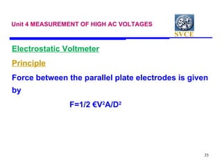SVCE
35
Unit 4 MEASUREMENT OF HIGH AC VOLTAGES
Electrostatic Voltmeter
Principle
Force between the parallel plate electrodes is given
by
F=1/2 €V2
A/D2
 