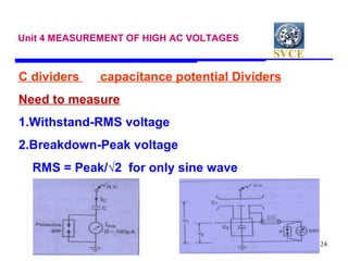 SVCE
24
Unit 4 MEASUREMENT OF HIGH AC VOLTAGES
C dividers capacitance potential Dividers
Need to measure
1.Withstand-RMS v...