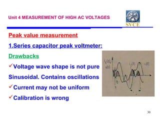 SVCE
30
Unit 4 MEASUREMENT OF HIGH AC VOLTAGES
Peak value measurement
1.Series capacitor peak voltmeter:
Drawbacks
Voltag...