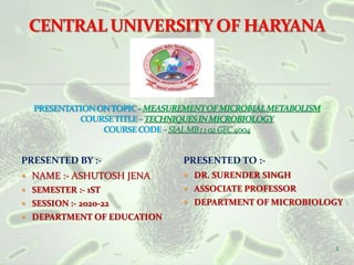 PRESENTED BY :- PRESENTED TO :-
 NAME :- ASHUTOSH JENA
 SEMESTER :- 1ST
 SESSION :- 2020-22
 DEPARTMENT OF EDUCATION
 DR. SURENDER SINGH
 ASSOCIATE PROFESSOR
 DEPARTMENT OF MICROBIOLOGY
1
 