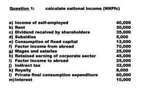 Question 1: calculate national income (NNPfc)
a) Income of self-employed 40,000
b) Rent 30,000
c) Dividend received by shareholders 35,000
d) Subsidies 5,000
e) Consumption of fixed capital 12,000
f) Factor income from abroad 70,000
g) Wages and salaries 25,000
h) Retained earning of corporate sector 45,000
i) Factor income to abroad 25,000
j) Indirect tax 32,000
k) Royalty 8,000
l) Private final consumption expenditure 60,000
m)Interest 10,000
 