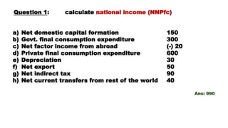 Question 1: calculate national income (NNPfc)
a) Net domestic capital formation 150
b) Govt. final consumption expenditure 300
c) Net factor income from abroad (-) 20
d) Private final consumption expenditure 600
e) Depreciation 30
f) Net export 50
g) Net indirect tax 90
h) Net current transfers from rest of the world 40
Ans: 990
 