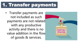 1. Transfer payments
• Transfer payments are
not included as such
payments are not related
with any productive
activity and there is no
value addition in the flow
of goods & services.
 