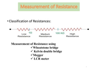 1
•Classification of Resistances:
Measurement of Resistance using
Wheatstone bridge
 Kelvin double bridge
Megger
 LCR meter
 