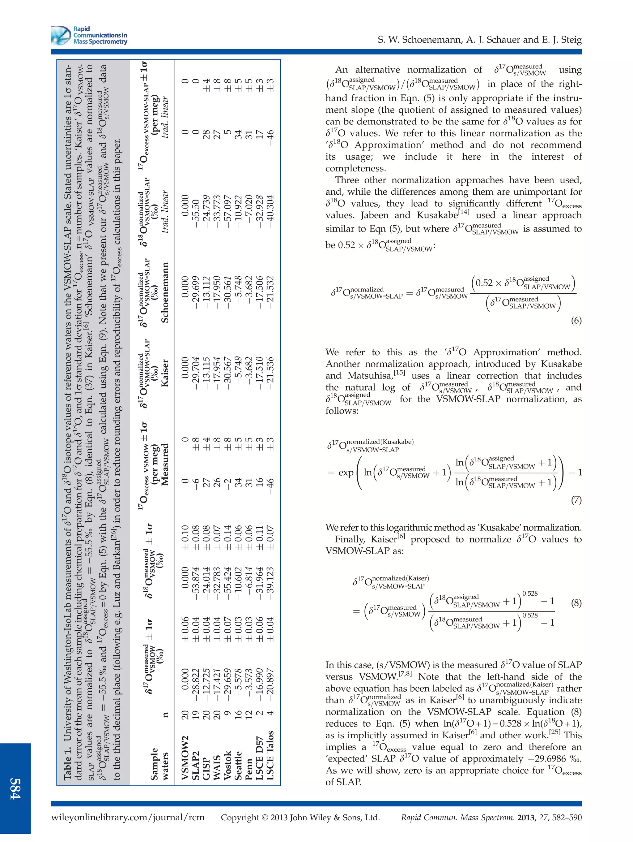 An alternative normalization of d17
Omeasured
s=VSMOW using

d18
O
assigned
SLAP=VSMOW

=

d18
Omeasured
SLAP=VSMOW

in place of the right-
hand fraction in Eqn. (5) is only appropriate if the instru-
ment slope (the quotient of assigned to measured values)
can be demonstrated to be the same for d18
O values as for
d17
O values. We refer to this linear normalization as the
’d18
O Approximation’ method and do not recommend
its usage; we include it here in the interest of
completeness.
Three other normalization approaches have been used,
and, while the differences among them are unimportant for
d18
O values, they lead to signiﬁcantly different 17
Oexcess
values. Jabeen and Kusakabe[14]
used a linear approach
similar to Eqn (5), but where d17
Omeasured
SLAP=VSMOW is assumed to
be 0:52  d18
O
assigned
SLAP=VSMOW:
d17
Onormalized
s=VSMOW-SLAP ¼ d17
Omeasured
s=VSMOW
0:52  d18
O
assigned
SLAP=VSMOW
 
d17
Omeasured
SLAP=VSMOW
 
(6)
We refer to this as the ’d17
O Approximation’ method.
Another normalization approach, introduced by Kusakabe
and Matsuhisa,[15]
uses a linear correction that includes
the natural log of d17
Omeasured
s=VSMOW , d18
Omeasured
SLAP=VSMOW , and
d18
O
assigned
SLAP=VSMOW for the VSMOW-SLAP normalization, as
follows:
d17
O
normalized Kusakabe
ð Þ
s=VSMOW-SLAP
¼ exp ln d17
Omeasured
s=VSMOW þ 1
  ln d18
O
assigned
SLAP=VSMOW þ 1
 
ln d18
Omeasured
SLAP=VSMOW þ 1
 
0
@
1
A  1
(7)
We refer to this logarithmic method as ’Kusakabe’ normalization.
Finally, Kaiser[6]
proposed to normalize d17
O values to
VSMOW-SLAP as:
d17
O
normalized Kaiser
ð Þ
s=VSMOW-SLAP
¼ d17
Omeasured
s=VSMOW
  d18
O
assigned
SLAP=VSMOW þ 1
 0:528
 1
d18
Omeasured
SLAP=VSMOW þ 1
 0:528
 1
(8)
In this case, (s/VSMOW) is the measured d17
O value of SLAP
versus VSMOW.[7,8]
Note that the left-hand side of the
above equation has been labeled as d17
O
normalized Kaiser
ð Þ
s=VSMOW-SLAP rather
than d17
Onormalized
s=VSMOW as in Kaiser[6]
to unambiguously indicate
normalization on the VSMOW-SLAP scale. Equation (8)
reduces to Eqn. (5) when ln(d17
O + 1) = 0.528  ln(d18
O + 1),
as is implicitly assumed in Kaiser[6]
and other work.[25]
This
implies a 17
Oexcess value equal to zero and therefore an
’expected’ SLAP d17
O value of approximately 29.6986 %.
As we will show, zero is an appropriate choice for 17
Oexcess
of SLAP.
Table
1.
University
of
Washington-IsoLab
measurements
of
d
17
O
and
d
18
O
isotope
values
of
reference
waters
on
the
VSMOW-SLAP
scale.
Stated
uncertainties
are
1s
stan-
dard
error
of
the
mean
of
each
sample
including
chemical
preparation
for
d
17
O
and
d
18
O,
and
1s
standard
deviation
for
17
O
excess
.
n
=
number
of
samples.
‘Kaiser’
d
17
O
VSMOW-
SLAP
values
are
normalized
to
d
18
O
assigned
SLAP=VSMOW
¼
55:5
%
by
Eqn.
(8),
identical
to
Eqn.
(37)
in
Kaiser.
[6]
’Schoenemann’
d
17
O
VSMOW-SLAP
values
are
normalized
to
d
18
O
assigned
SLAP=VSMOW
¼
55:5
%
and
17
O
excess
=
0
by
Eqn.
(5)
with
the
d
17
O
assigned
SLAP=VSMOW
calculated
using
Eqn.
(9).
Note
that
we
present
our
d
17
O
measured
s=VSMOW
and
d
18
O
measured
s=VSMOW
data
to
the
third
decimal
place
(following
e.g.
Luz
and
Barkan
[26]
)
in
order
to
reduce
rounding
errors
and
reproducibility
of
17
O
excess
calculations
in
this
paper.
Sample
waters
n
d
17
O
measured
VSMOW

1s
(%)
d
18
O
measured
VSMOW

1s
(%)
17
O
excess
VSMOW

1s
(per
meg)
Measured
d
17
O
normalized
VSMOW
-
SLAP
(%)
Kaiser
d
17
O
normalized
VSMOW
-
SLAP
(%)
Schoenemann
d
18
O
normalized
VSMOW
-
SLAP
(%)
trad.
linear
17
O
excess
VSMOW-SLAP

1s
(per
meg)
trad.
linear
VSMOW2
20
0.000

0.06
0.000

0.10
0
0
0.000
0.000
0.000
0
0
SLAP2
19
28.822

0.04
53.874

0.08
6

8
29.704
29.699
55.50
0
0
GISP
20
12.725

0.04
24.014

0.08
27

4
13.115
13.112
24.739
28

4
WAIS
20
17.421

0.04
32.783

0.07
26

8
17.954
17.950
33.773
27

8
Vostok
9
29.659

0.07
55.424

0.14
2

8
30.567
30.561
57.097
5

8
Seattle
16
5.578

0.03
10.602

0.06
34

5
5.749
5.748
10.922
34

5
Penn
12
3.573

0.03
6.814

0.06
31

5
3.682
3.682
7.020
31

5
LSCE
D57
2
16.990

0.06
31.964

0.11
16

3
17.510
17.506
32.928
17

3
LSCE
Talos
4
20.897

0.04
39.123

0.07
46

3
21.536
21.532
40.304
46

3
S. W. Schoenemann, A. J. Schauer and E. J. Steig
wileyonlinelibrary.com/journal/rcm Copyright © 2013 John Wiley  Sons, Ltd. Rapid Commun. Mass Spectrom. 2013, 27, 582–590
584
 