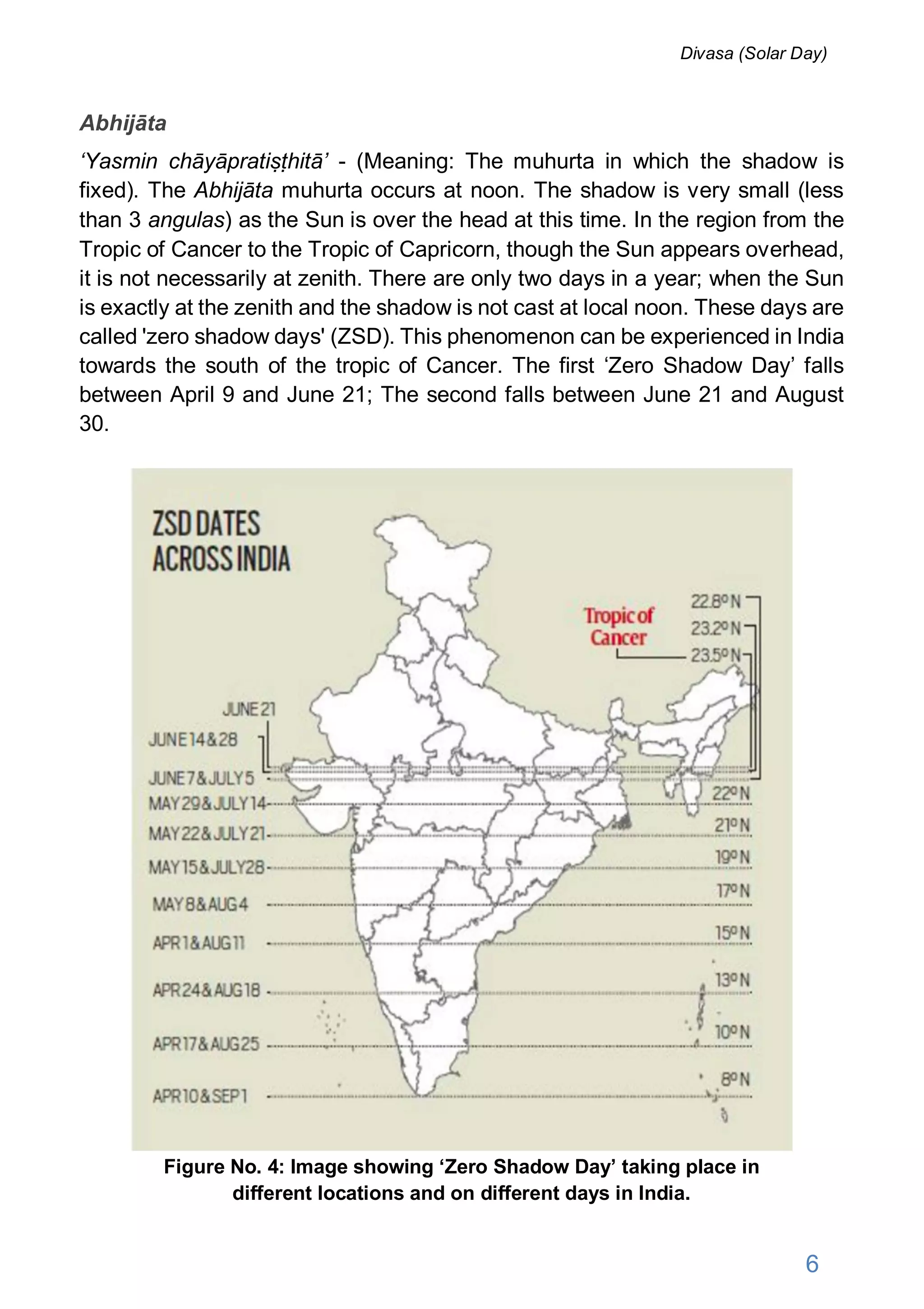 Abhijāta
‘Yasmin chāyāpratiṣṭhitā’ - (Meaning: The muhurta in which the shadow is
fixed). The Abhijāta muhurta occurs at noon. The shadow is very small (less
than 3 angulas) as the Sun is over the head at this time. In the region from the
Tropic of Cancer to the Tropic of Capricorn, though the Sun appears overhead,
it is not necessarily at zenith. There are only two days in a year; when the Sun
is exactly at the zenith and the shadow is not cast at local noon. These days are
called 'zero shadow days' (ZSD). This phenomenon can be experienced in India
towards the south of the tropic of Cancer. The first ‘Zero Shadow Day’ falls
between April 9 and June 21; The second falls between June 21 and August
30.
Figure No. 4: Image showing ‘Zero Shadow Day’ taking place in
different locations and on different days in India.
6
Divasa (Solar Day)
 