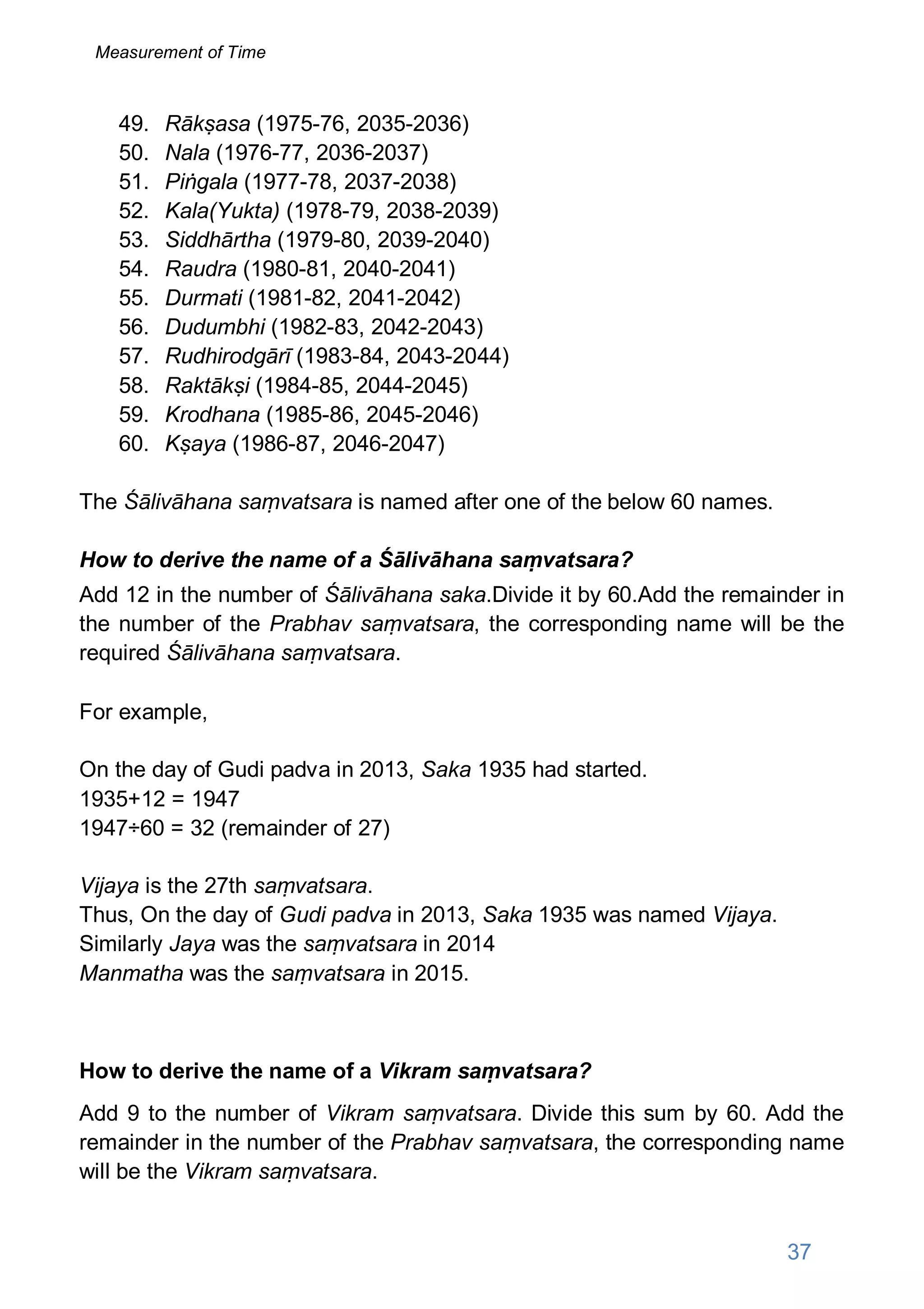 49. Rākṣasa (1975-76, 2035-2036)
50. Nala (1976-77, 2036-2037)
51. Piṅgala (1977-78, 2037-2038)
52. Kala(Yukta) (1978-79, 2038-2039)
53. Siddhārtha (1979-80, 2039-2040)
54. Raudra (1980-81, 2040-2041)
55. Durmati (1981-82, 2041-2042)
56. Dudumbhi (1982-83, 2042-2043)
57. Rudhirodgārī (1983-84, 2043-2044)
58. Raktākṣi (1984-85, 2044-2045)
59. Krodhana (1985-86, 2045-2046)
60. Kṣaya (1986-87, 2046-2047)
The Śālivāhana saṃvatsara is named after one of the below 60 names.
How to derive the name of a Śālivāhana saṃvatsara?
Add 12 in the number of Śālivāhana saka.Divide it by 60.Add the remainder in
the number of the Prabhav saṃvatsara, the corresponding name will be the
required Śālivāhana saṃvatsara.
For example,
On the day of Gudi padva in 2013, Saka 1935 had started.
1935+12 = 1947
1947÷60 = 32 (remainder of 27)
Vijaya is the 27th saṃvatsara.
Thus, On the day of Gudi padva in 2013, Saka 1935 was named Vijaya.
Similarly Jaya was the saṃvatsara in 2014
Manmatha was the saṃvatsara in 2015.
How to derive the name of a Vikram saṃvatsara?
Add 9 to the number of Vikram saṃvatsara. Divide this sum by 60. Add the
remainder in the number of the Prabhav saṃvatsara, the corresponding name
will be the Vikram saṃvatsara.
37
Measurement of Time
 