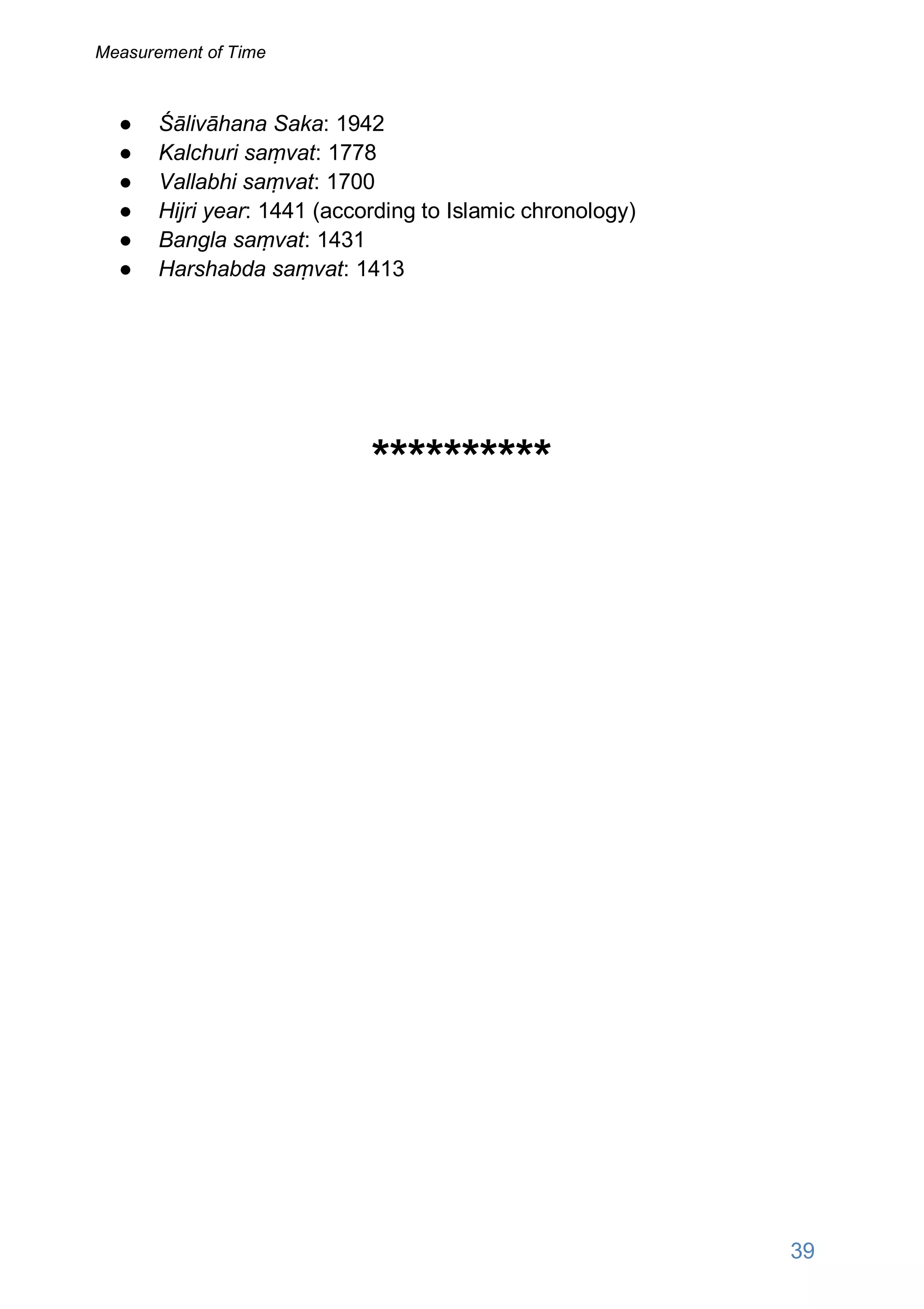 ● Śālivāhana Saka: 1942
● Kalchuri saṃvat: 1778
● Vallabhi saṃvat: 1700
● Hijri year: 1441 (according to Islamic chronology)
● Bangla saṃvat: 1431
● Harshabda saṃvat: 1413
**********
39
Measurement of Time
 