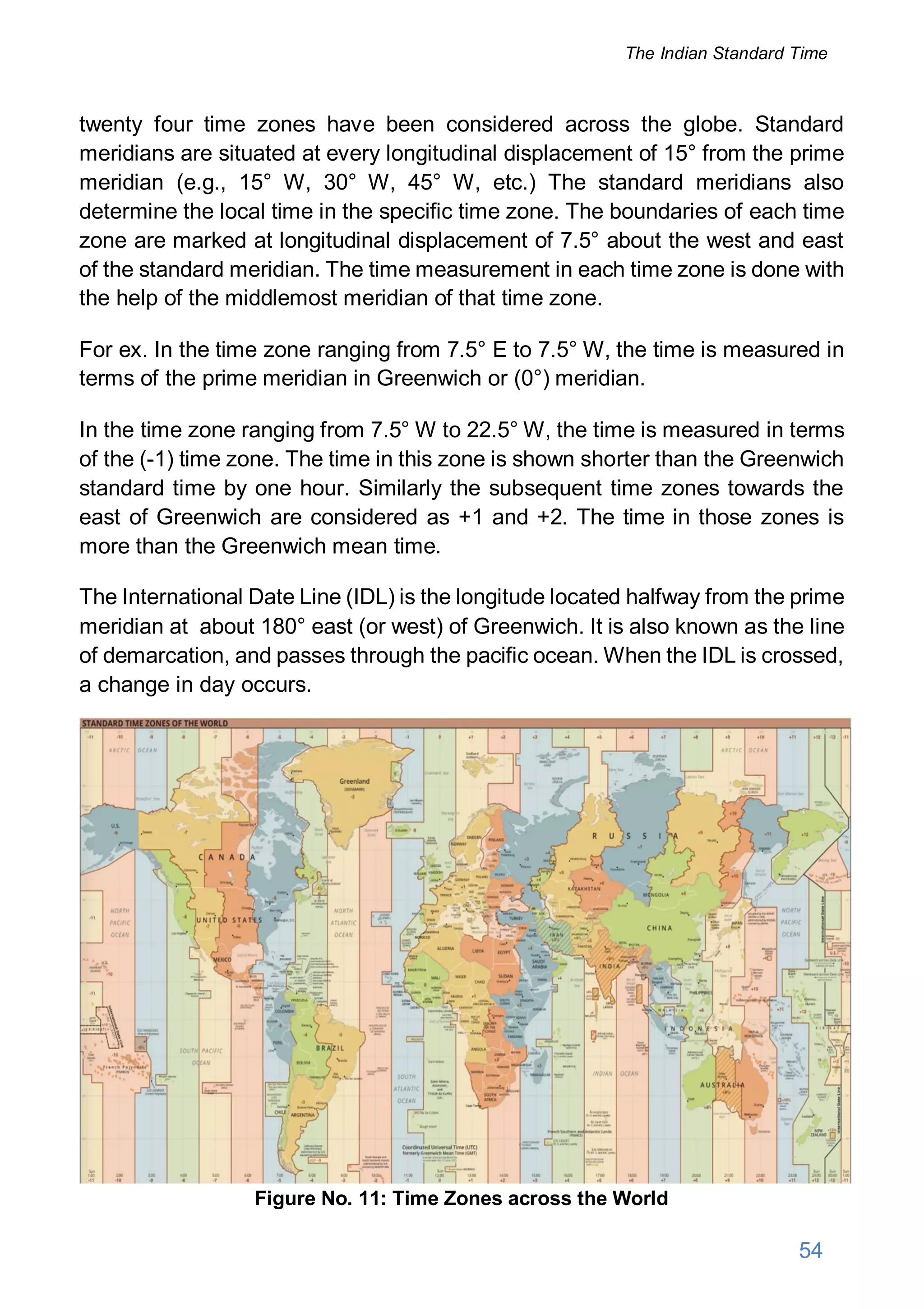 twenty four time zones have been considered across the globe. Standard
meridians are situated at every longitudinal displacement of 15° from the prime
meridian (e.g., 15° W, 30° W, 45° W, etc.) The standard meridians also
determine the local time in the specific time zone. The boundaries of each time
zone are marked at longitudinal displacement of 7.5° about the west and east
of the standard meridian. The time measurement in each time zone is done with
the help of the middlemost meridian of that time zone.
For ex. In the time zone ranging from 7.5° E to 7.5° W, the time is measured in
terms of the prime meridian in Greenwich or (0°) meridian.
In the time zone ranging from 7.5° W to 22.5° W, the time is measured in terms
of the (-1) time zone. The time in this zone is shown shorter than the Greenwich
standard time by one hour. Similarly the subsequent time zones towards the
east of Greenwich are considered as +1 and +2. The time in those zones is
more than the Greenwich mean time.
The International Date Line (IDL) is the longitude located halfway from the prime
meridian at about 180° east (or west) of Greenwich. It is also known as the line
of demarcation, and passes through the pacific ocean. When the IDL is crossed,
a change in day occurs.
Figure No. 11: Time Zones across the World
54
The Indian Standard Time
 