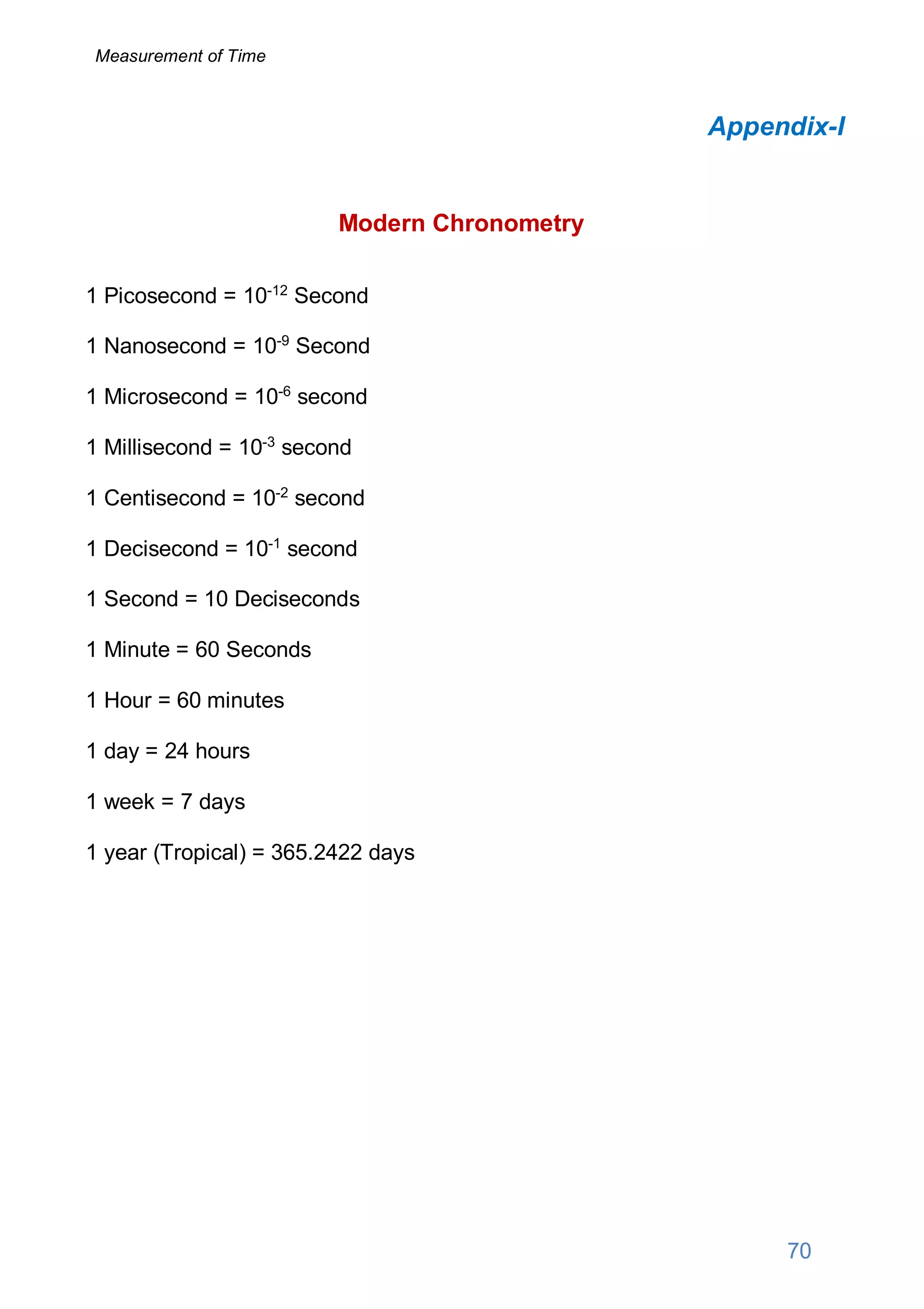 Appendix-I
Modern Chronometry
1 Picosecond = 10-12
Second
1 Nanosecond = 10-9
Second
1 Microsecond = 10-6
second
1 Millisecond = 10-3
second
1 Centisecond = 10-2
second
1 Decisecond = 10-1
second
1 Second = 10 Deciseconds
1 Minute = 60 Seconds
1 Hour = 60 minutes
1 day = 24 hours
1 week = 7 days
1 year (Tropical) = 365.2422 days
70
Measurement of Time
 